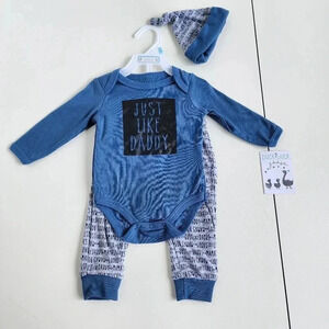 NWT JUST LIKE DADDY Duck Goose Baby Boys 3-Pack Bodysuit Pants Hat Blue  3-6 Mos